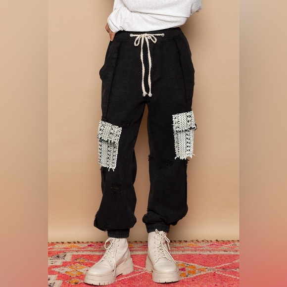 187B. Tie Waist Band Cargo Denim Jogger - Black - Picture 1 of 3